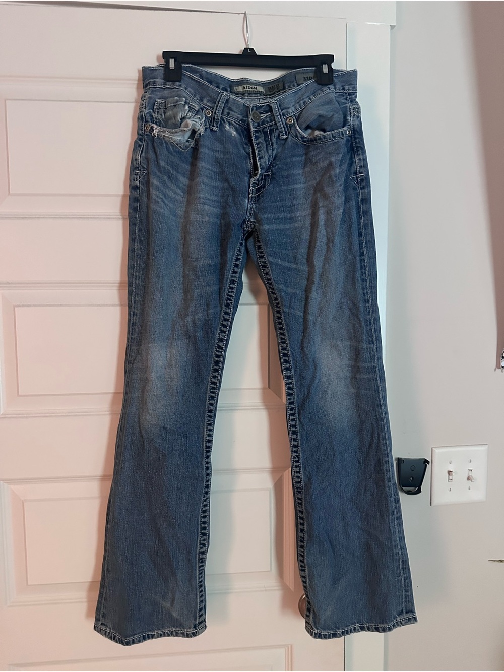 BKE Women's Blue Flared Jeans - Distressed Whisker Fade
